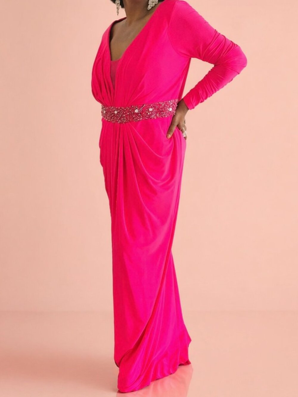 Long Sleeve Fitted Evening Dress Fuchsia